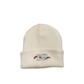 Detail of cream knitted beanie showing fine ribbed texture and artistic hand print - M (56-58cm) / White