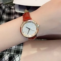 Rose gold watch with full diamond dial and red leather strap on woman's wrist - Rose Gold Case Red Leather