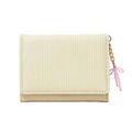 Short beige PU leather tri-fold wallet with vertical texture and pink bow charm - Yellow