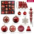 Set da 60 pezzi decorazioni natalizie con trenino glitter, fiocchi e palline di plastica - Rosso Vino + Oro Champagne