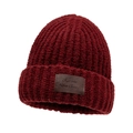 Women's dark burgundy knit beanie with thick ribbed texture and square leather patch detail - Burgundy
