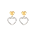 Elegant two-tone heart drop earrings with gold smooth stud and silver twisted metal texture - Gold and Silver Two-Tone Twisted Heart Earrings (E948-GO-ST)