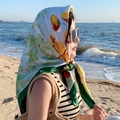Elegant 90x90 square silk scarf with yellow floral print and green border on beach - Verbena-White Green Border