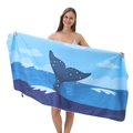 Double-sided microfiber beach towel featuring a deep blue whale tail and wave print - B39-Gradient Ocean Whale Tail