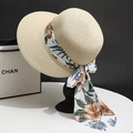 Cappello di paglia beige con nastro di seta a fiori per vacanze estive in spiaggia - Nastro Beige (D-316)