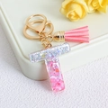 Pink glitter resin letter T keychain with tassel and shell flakes for women - Letter T / Pink