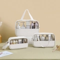 Three-piece white PVC and PU leather vanity bags with transparent panels and handles - Small, Medium And Large Bag Set / White