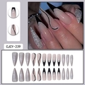 Long almond press-on nails with silver glitter, black French tips and wave pattern art - CJCY-239 Silver Glitter Nude Black French Wave Style