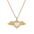 Macro detail of gold plated heart pendant with shell inlay and cubic zirconia angel wings - Angel Wings Heart Necklace