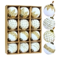 Set di 12 palline di Natale bianche con decori glitterati dorati in scatola regalo - 8cm / Bianco 12 Pezzi