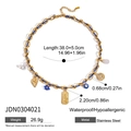 Detail view of bohemian chain necklace showing dimensions, waterproof and hypoallergenic features - Blue Braided Multi-Layer Pendant Style (JDN0304021)
