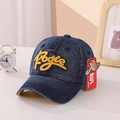Kids vintage dark blue denim baseball cap with yellow towel embroidered Pogie letter - 50-54CM, Adjustable / Yellow Letters