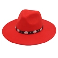 Detail of red fedora hat featuring black leather band and silver metal rivets decoration - Orange Red
