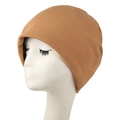 Detailed knit texture of a caramel winter beanie on a display head showing a snug fit - Khaki