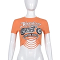 Detail of cropped orange T-shirt with motorcycle print and distressed hollowed hemline - L / Orange
