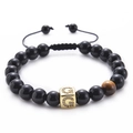 Macro detail of natural tiger eye stone and golden cubic zirconia letter G bead bracelet - Letter G-Black Agate Bracelet