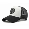 Contrast high-top trucker hat with mesh back and Enjoy Life patch in 45-degree view - Adjustable / White with Black Tag