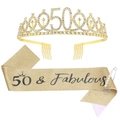 Golden 50th birthday set featuring a crystal crown and 50 & Fabulous glitter sash - 50 Years Old Gold (Tiara And Gold Sash And Pin)