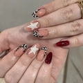French leopard print almond fake nails with 3D star pearl design and burgundy glitter - Bz2064 Danying Carved Porcelain / Jelly Glue + Nail File