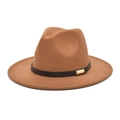 Classic caramel wool fedora hat with black leather band and gold buckle on white background - Khaki