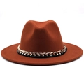 Chapeau fedora en laine rouge rouille à large bord avec bandeau chaîne métallique - 58cm (Taille unique) / Rouge Brique