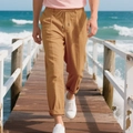 Men's loose linen pants in khaki color with drawstring waist for summer beach wear - S / Bottoms / Earthy Yellow