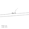 Detail of silver box chain showing adjustable slider bead and 50cm length dimension - Box Universal Slider Chain / Silver