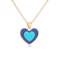 Detailed view of layered blue enamel heart pendant on an 18K gold plated chain necklace - 22116-Blue Shades