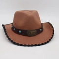 Cappello da cowboy in feltro color cammello con cinturino in pelle, perline e toro - Stile Testa di Toro Turchese / Bordo Nero Cachi