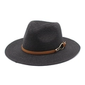 Classic black straw fedora with brown leather band and golden fish buckle detail - M (56-58cm) / Black