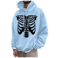 Light blue fleece hoodie with a black rib cage skeleton print and drawstring hood - S / Tops / Light Blue