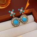 Macro detail of vintage gold earrings with turquoise stones and rhinestones in a velvet box - 20# Silver Pin Rhinestone Stone Round Vintage Court Style Pendant Earrings