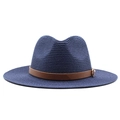 Close-up of dark blue woven Panama hat with brown leather band and silver buckle - M(56-58cm) / Navy Blue