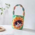 Mintgrüne zylindrische Beuteltasche mit süßem Katzenprint und buntem gedrehtem Seilgriff - Minzgrüne Sonnenblumenkatze