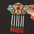 Detail of vintage style hair clip featuring gold clouds, pearls and long tassels - F1377 Long Tassel