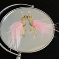 Pink feather flamingo earrings in gold finish with sparkling crystals on mirror - Flamingo Feather Rhinestone Earrings (6 Silver Post) / Pink