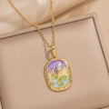 Collana giardino di Monet dorata con pendente floreale in smalto e perle bianche - Floreale Rettangolare - Viola (A2 Viola)