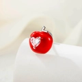 Pendiente de manzana en acero de titanio con esmalte rojo y cristal de corazón plateado - A519-1 Manzana con Circonita Corazón Blanco (Individual) / Blanco (Pieza Única)