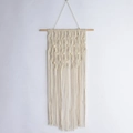 Handmade bohemian beige cotton wall hanging with geometric weave and wooden beads - Fruitful Harvest Tapestry