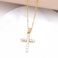 Collar de cruz chapado en oro para mujer con incrustaciones de circonitas blancas - Dorado