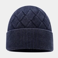 Winter navy blue knit beanie hat with thick diamond weave and ribbed cuff for warmth - One Size / Navy Blue