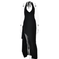 Robe longue noire élégante à licou avec décolleté en V et fente latérale haute - S / Noir