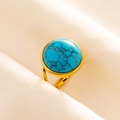 Detail of round turquoise stone with black veins on a gold plated adjustable ring - Adjustable Open / Gold-Dark Blue Stone