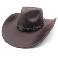 Detail of dark brown western cowboy hat with leather band and metal bull head emblem - M (56-58cm) / Striped Coffee