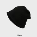Women's black knitted slouchy beanie with rolled edge for autumn winter warmth - One Size (54-58CM) / Rolled Edge Thick Version / Black