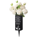 Vaso cimiteriale commemorativo con rose bianche, croce e colombe per tomba - Stile A (Paletto commemorativo nero con rose bianche)