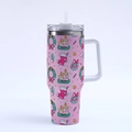 Close-up of pink Christmas tumbler with festive wreaths and holiday gift illustrations - Style 4
