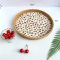 Handcrafted 35cm rattan tray with inlaid shell dots and round woven frame design - Camel Dots / Large 35*3cm