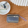 Blue and black striped woven cosmetic pouch with yellow accents and purple zipper - Cyan & Black Stripes