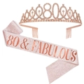 Rose gold 80th birthday crown and pink glitter sash printed with 80 and Fabulous - Rose Gold 80 & Fabulous Set